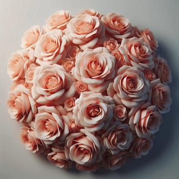 A bouquet of pale pink roses arranged in a circle, creating a symmetrical and elegant design. The roses are all facing outwards, with their petals opening up like a flower. A high-quality photo.