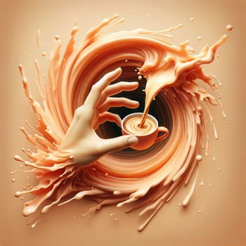 A hand holding a cup of coffee, surrounded by a swirling vortex of coffee-colored liquid. The scene is set against a light brown background. A high-quality photo.