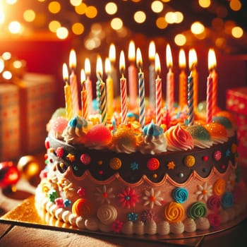A birthday cake with colorful decorations and candles, a close-up shot. A high-quality photo.