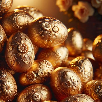 A close-up shot of a pile of golden eggs, each decorated with intricate floral patterns. The eggs are arranged in a pyramid shape, with a blurred background of roses. A high-quality photo.