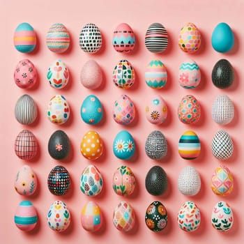 An arrangement of colorful Easter eggs on a pink background, with a variety of patterns and designs. A high-quality photo.