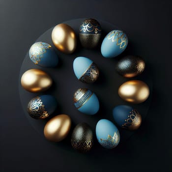 An arrangement of blue and gold Easter eggs with ornate designs, on a dark background. A high-quality photo.