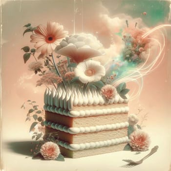 A slice of cake with flowers and a fork, with a vintage style background. A high-quality photo.
