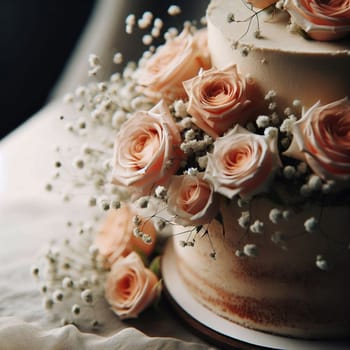 A wedding cake decorated with roses and white flowers. A high-quality photo.