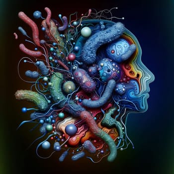 A human profile with a design of bacteria and viruses inside, abstract illustration. A high-quality photo.