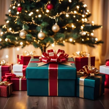 Wrapped presents in various colors sit beneath a decorated spruce tree adorned with shimmering Christmas ornaments, creating a cheerful and festive atmosphere for the New Year celebration.
