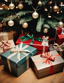 Wrapped presents in various colors sit beneath a decorated spruce tree adorned with shimmering Christmas ornaments, creating a cheerful and festive atmosphere for the New Year celebration.