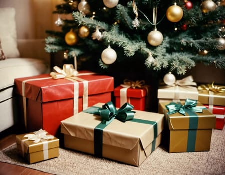 Wrapped presents in various colors sit beneath a decorated spruce tree adorned with shimmering Christmas ornaments, creating a cheerful and festive atmosphere for the New Year celebration.