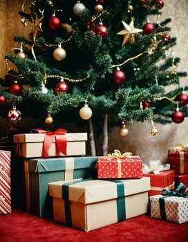 Wrapped presents in various colors sit beneath a decorated spruce tree adorned with shimmering Christmas ornaments, creating a cheerful and festive atmosphere for the New Year celebration.