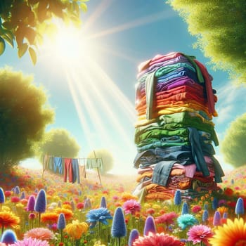 A stack of colorful clothes in a field of flowers. The clothes are piled high, reaching up to the sky. The scene is sunny and vibrant, with a sense of optimism and joy. A high-quality photo.