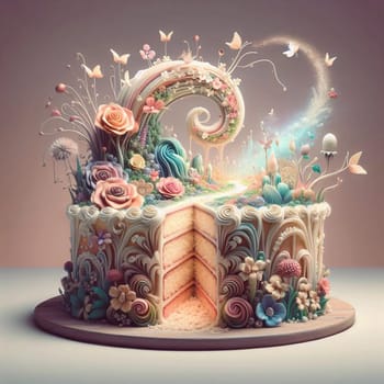 A cake with a slice cut out, revealing a miniature landscape with a river, flowers, and a path. A high-quality photo.