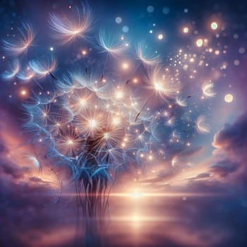 A dandelion with glowing seeds floating in the air, against a sunset sky. A high-quality photo.