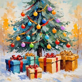 A decorated Christmas tree adorned with colorful ornaments and stacked presents ready for celebration in cozy holiday setting. Wrapped gifts of various colors. Festive atmosphere, warmth and joy. AI.