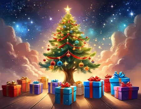 A decorated Christmas tree adorned with colorful ornaments and stacked presents ready for celebration in cozy holiday setting. Wrapped gifts of various colors. Festive atmosphere, warmth and joy. AI.