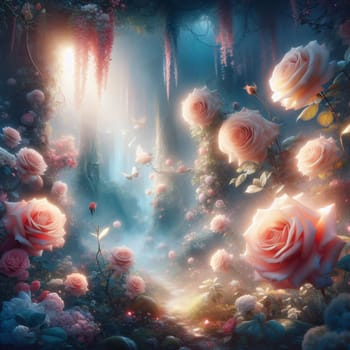 A magical forest with a path leading through it, surrounded by pink roses and glowing lights. A high-quality photo.