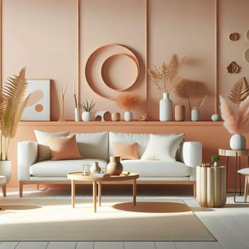 A living room interior with a beige sofa and a rug, decorated with plants, vases, and art. A high-quality photo.