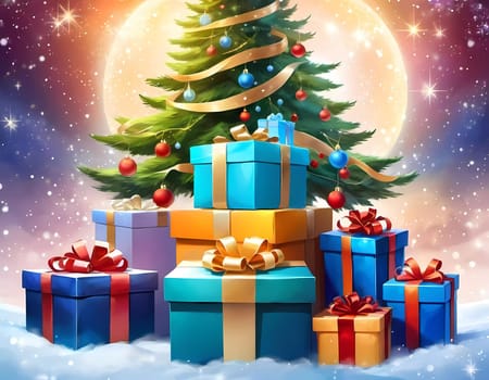A decorated Christmas tree adorned with colorful ornaments and stacked presents ready for celebration in cozy holiday setting. Wrapped gifts of various colors. Festive atmosphere, warmth and joy. AI.