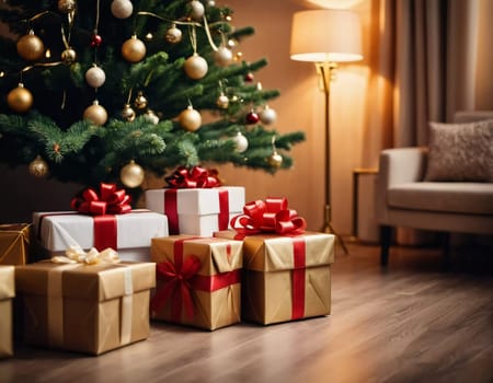 Wrapped presents in various colors sit beneath a decorated spruce tree adorned with shimmering Christmas ornaments, creating a cheerful and festive atmosphere for the New Year celebration.