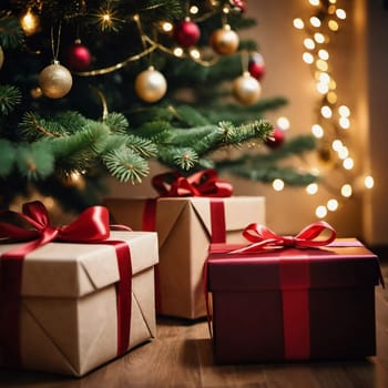 Wrapped presents in various colors sit beneath a decorated spruce tree adorned with shimmering Christmas ornaments, creating a cheerful and festive atmosphere for the New Year celebration.