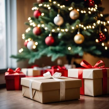 Wrapped presents in various colors sit beneath a decorated spruce tree adorned with shimmering Christmas ornaments, creating a cheerful and festive atmosphere for the New Year celebration.
