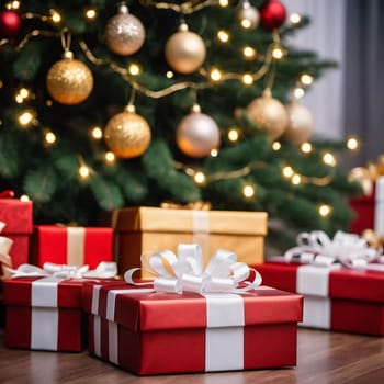 Wrapped presents in various colors sit beneath a decorated spruce tree adorned with shimmering Christmas ornaments, creating a cheerful and festive atmosphere for the New Year celebration.