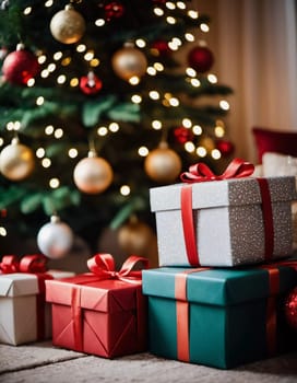 Wrapped presents in various colors sit beneath a decorated spruce tree adorned with shimmering Christmas ornaments, creating a cheerful and festive atmosphere for the New Year celebration.