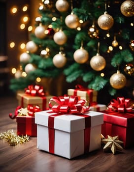 Wrapped presents in various colors sit beneath a decorated spruce tree adorned with shimmering Christmas ornaments, creating a cheerful and festive atmosphere for the New Year celebration.