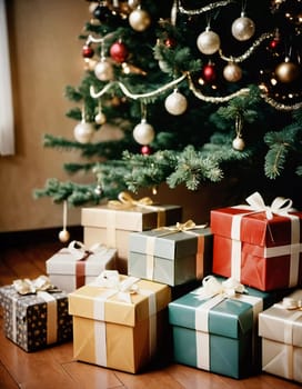 Wrapped presents in various colors sit beneath a decorated spruce tree adorned with shimmering Christmas ornaments, creating a cheerful and festive atmosphere for the New Year celebration.