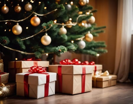 Wrapped presents in various colors sit beneath a decorated spruce tree adorned with shimmering Christmas ornaments, creating a cheerful and festive atmosphere for the New Year celebration.