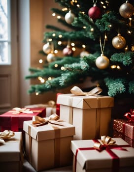 Wrapped presents in various colors sit beneath a decorated spruce tree adorned with shimmering Christmas ornaments, creating a cheerful and festive atmosphere for the New Year celebration.