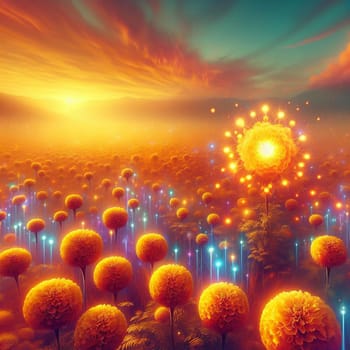 A field of glowing marigold flowers with a magical, dreamlike quality. The flowers are glowing with an ethereal light, and the sky is a vibrant orange and blue. A high-quality photo.