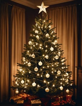 Colorful Christmas decorations adorn the branches of a spruce tree, vibrant balls in shades of red, gold, and pink, embodying holiday cheer in winter. Happy New Year art background. Generative AI.