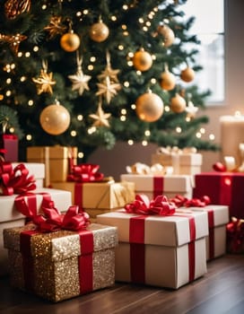 Wrapped presents in various colors sit beneath a decorated spruce tree adorned with shimmering Christmas ornaments, creating a cheerful and festive atmosphere for the New Year celebration.
