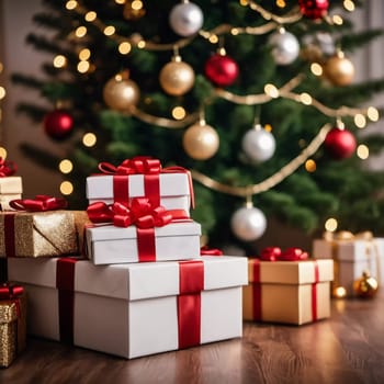 Wrapped presents in various colors sit beneath a decorated spruce tree adorned with shimmering Christmas ornaments, creating a cheerful and festive atmosphere for the New Year celebration.