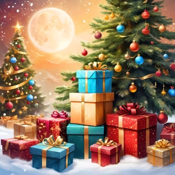 A decorated Christmas tree adorned with colorful ornaments and stacked presents ready for celebration in cozy holiday setting. Wrapped gifts of various colors. Festive atmosphere, warmth and joy. AI.