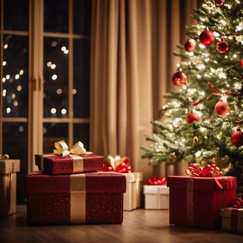 Wrapped presents in various colors sit beneath a decorated spruce tree adorned with shimmering Christmas ornaments, creating a cheerful and festive atmosphere for the New Year celebration.