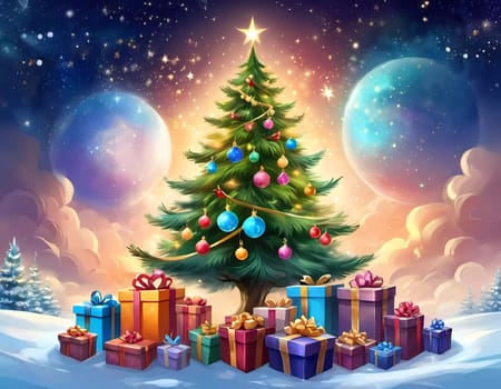 A decorated Christmas tree adorned with colorful ornaments and stacked presents ready for celebration in cozy holiday setting. Wrapped gifts of various colors. Festive atmosphere, warmth and joy. AI.