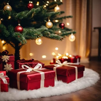 Wrapped presents in various colors sit beneath a decorated spruce tree adorned with shimmering Christmas ornaments, creating a cheerful and festive atmosphere for the New Year celebration.