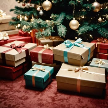 Wrapped presents in various colors sit beneath a decorated spruce tree adorned with shimmering Christmas ornaments, creating a cheerful and festive atmosphere for the New Year celebration.