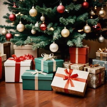 Wrapped presents in various colors sit beneath a decorated spruce tree adorned with shimmering Christmas ornaments, creating a cheerful and festive atmosphere for the New Year celebration.