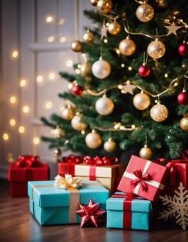 Wrapped presents in various colors sit beneath a decorated spruce tree adorned with shimmering Christmas ornaments, creating a cheerful and festive atmosphere for the New Year celebration.