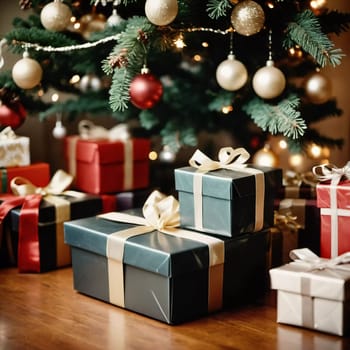 Wrapped presents in various colors sit beneath a decorated spruce tree adorned with shimmering Christmas ornaments, creating a cheerful and festive atmosphere for the New Year celebration.