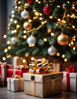 Wrapped presents in various colors sit beneath a decorated spruce tree adorned with shimmering Christmas ornaments, creating a cheerful and festive atmosphere for the New Year celebration.