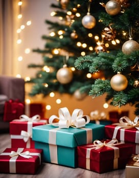 Wrapped presents in various colors sit beneath a decorated spruce tree adorned with shimmering Christmas ornaments, creating a cheerful and festive atmosphere for the New Year celebration.