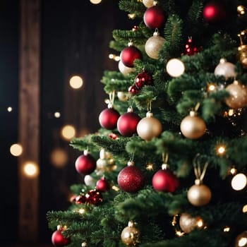 Colorful Christmas decorations adorn the branches of a spruce tree, vibrant balls in shades of red, gold, and pink, embodying holiday cheer in winter. Happy New Year art background. Generative AI.