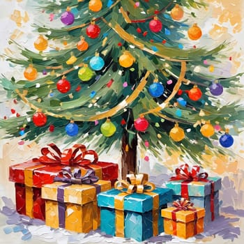 A decorated Christmas tree adorned with colorful ornaments and stacked presents ready for celebration in cozy holiday setting. Wrapped gifts of various colors. Festive atmosphere, warmth and joy. AI.