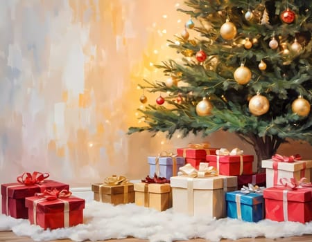 A decorated Christmas tree adorned with colorful ornaments and stacked presents ready for celebration in cozy holiday setting. Wrapped gifts of various colors. Festive atmosphere, warmth and joy. AI.