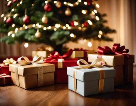 Wrapped presents in various colors sit beneath a decorated spruce tree adorned with shimmering Christmas ornaments, creating a cheerful and festive atmosphere for the New Year celebration.