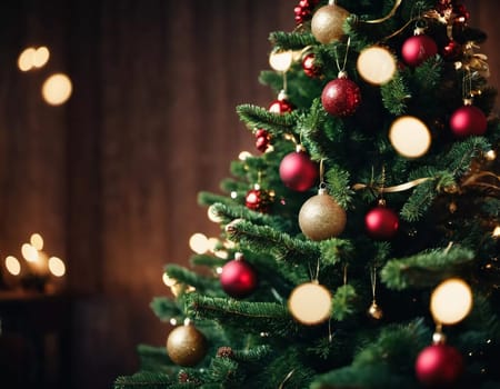 Colorful Christmas decorations adorn the branches of a spruce tree, vibrant balls in shades of red, gold, and pink, embodying holiday cheer in winter. Happy New Year art background. Generative AI.