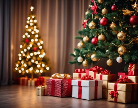 Wrapped presents in various colors sit beneath a decorated spruce tree adorned with shimmering Christmas ornaments, creating a cheerful and festive atmosphere for the New Year celebration.